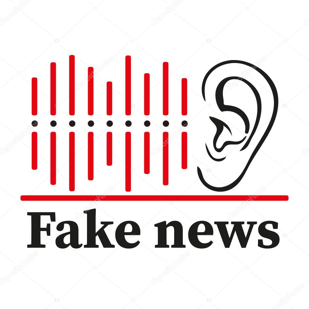 Lying fake news icon. Ear hears lies badge. Dissemination of false information in newspapers, on Internet and on tv, journalistic deception concept. Flat modern style vector illustration on white.