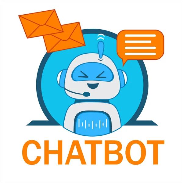 Chatbot robot düz vektör simgesi. Gülen, konuşan robot operatör karakteri, mektuplar ve mırıldanmalarla. Yapay zeka kavramını, sohbet müşteri desteğini, internet sitesi için çevrimiçi hizmeti. 