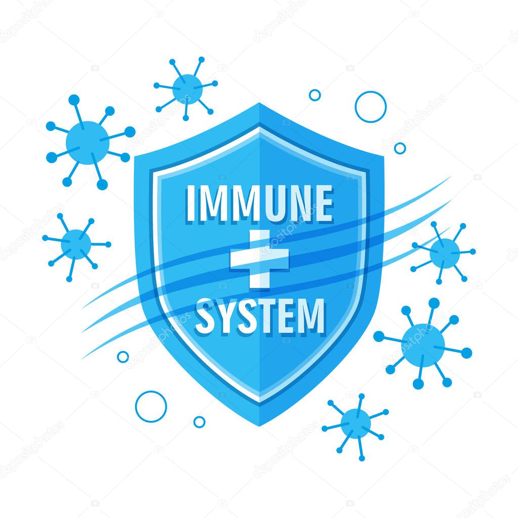 Immune system flat icon. Medical shield counteracts bacterial attack of human immunity. Concept antivirus protection, preventive vaccination, increasing body resistance to virus. Isolated  vector sign