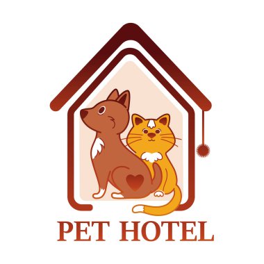 Hayvan oteli renkli logo tasarımı. Evcil hayvan barınağı kavramı ya da kediler ve köpekler için geçici ev, hayvanlar için sevgi ve bakım hizmetleri. Beyaz arkaplanda modern çizgi film stili vektör çizimi.