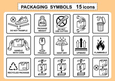 Karton kutu ambalaj sembolü, kırılgan paket teslimat etiketi. Güvenli kargo lojistik nakliyesi. Dikkatli olun, kuru kalın, adım atmayın, yangın koruma uyarısı. Depo için yığın. Açık paket, ağırlık, kağıt geri dönüşümü. Sevkiyat. Vektör