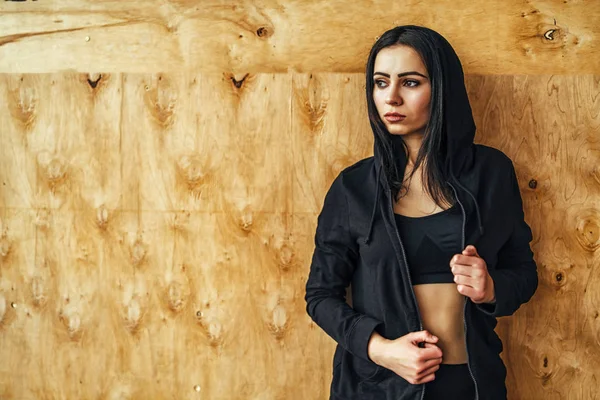 Pretty Sporty Girl Black Hoodie Top Posing Gym — Stock Photo, Image