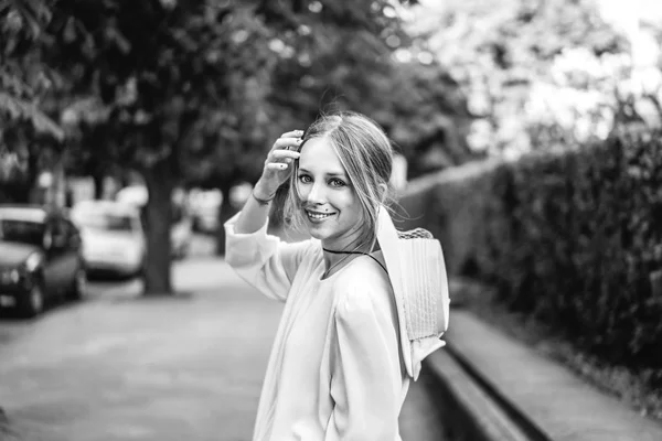 Pretty Woman Vintage White Dress Walking Outdoor — Stock Photo, Image