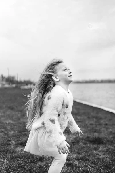 Monochrome Photo Cute Little Girl Having Fun Outdoor Park — Stock Photo, Image