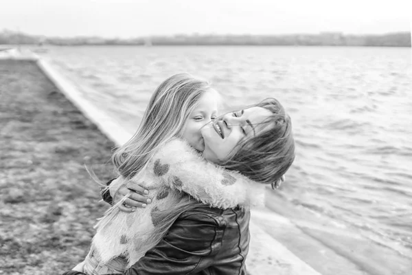 Monochrome Photo Mother Her Little Daughter Having Fun Outdoor — Stock Photo, Image