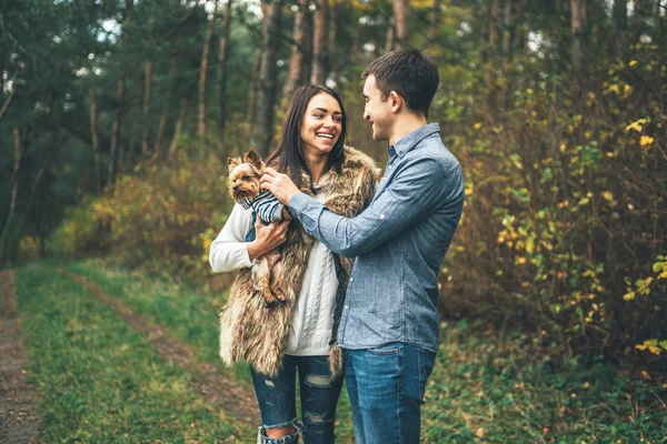 Joli Couple Avec Petit Terrier Yorkshire Marchant Dans Forêt — Photo