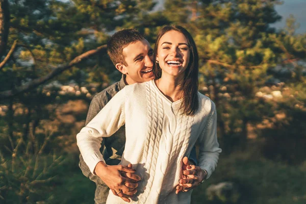 Pretty Young Couple Walking Together Forest — Stock Photo, Image