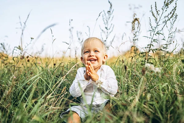 Menino Pequeno Bonito Feliz Sorrindo Sentado Prado Dia Ensolarado — Fotografia de Stock