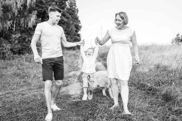Família Segurando Mãos Filho Feliz Divertindo Enquanto Caminha Com Cão — Fotografia de Stock