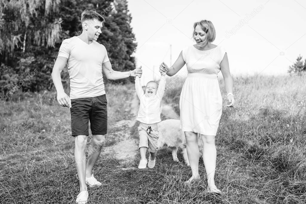 family holding hands happy son and having fun while walking with dog on meadow 