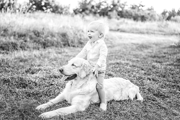 Schattige Kleine Babyjongen Plezier Zittend Achterkant Hond Weide — Stockfoto