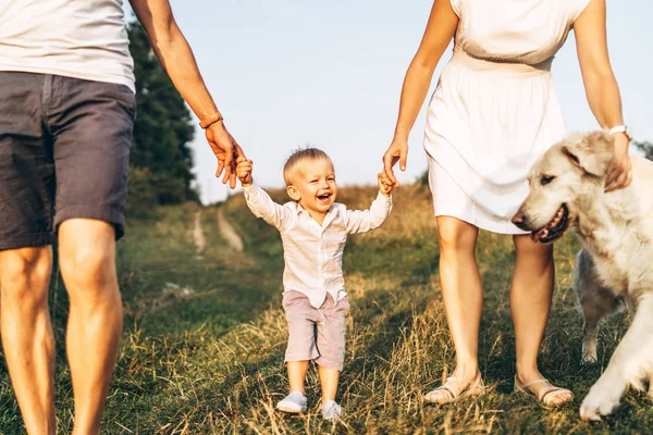 Feliz Jóvenes Padres Tomados Mano Pequeño Hijo Divertirse Con Perro — Foto de Stock