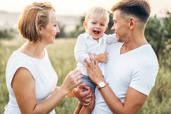 Unga Föräldrar Med Lille Son Att Kul Ängen — Stockfoto