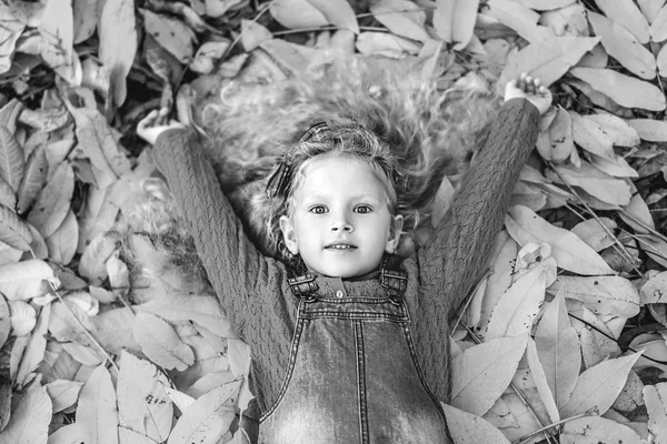 Całkiem Mała Dziewczynka Zabawy Leżąc Opadłych Liści Jesienią Parku — Zdjęcie stockowe
