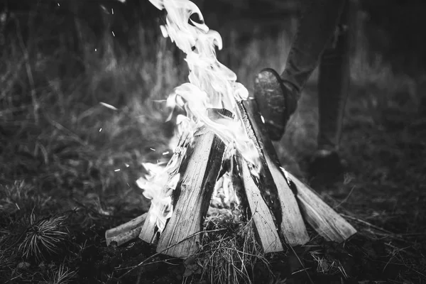 Isınma Kızla Ormandaki Şenlik Ateşi Yukarı Arkasında — Stok fotoğraf