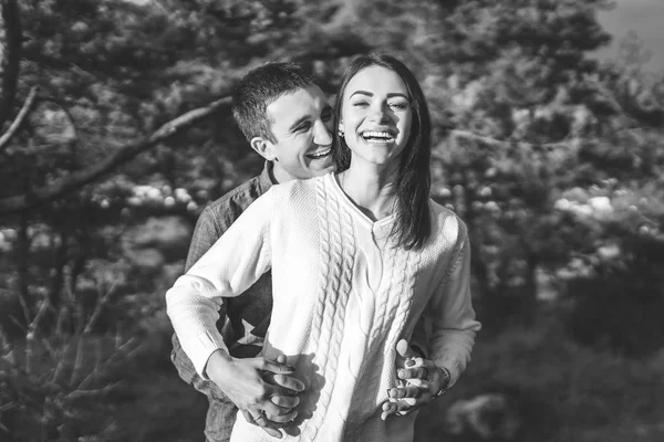 Pretty Young Couple Walking Together Forest — Stock Photo, Image