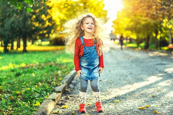 Милая Маленькая Девочка Повеселись Парке Осеннее Время — стоковое фото