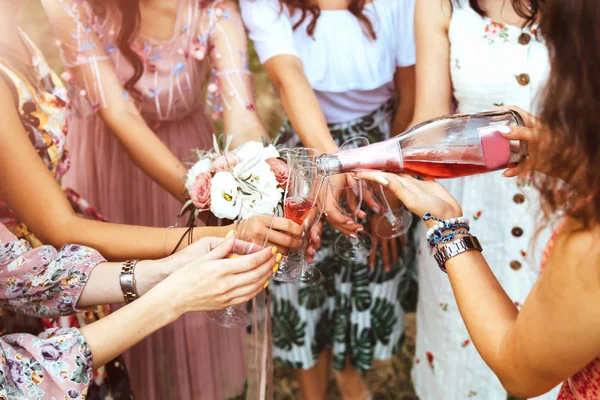 Champagne Glasses Girls Hands Hen Party Outdoor — Stock Photo, Image