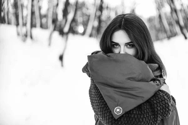 Csinos Lány Séta Téli Erdőben — Stock Fotó