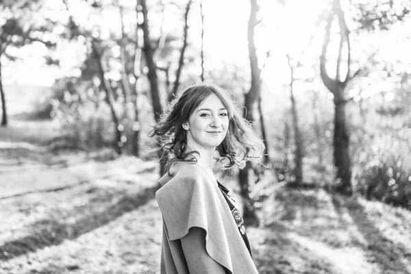 Pretty Happy Long Hair Girl Walking Forest — Stock Photo, Image