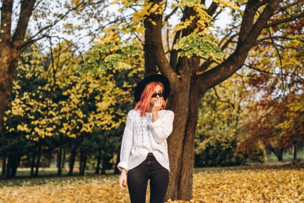 Chica bonita con el pelo rojo y sombrero relajante en el parque, t otoño — Foto de Stock