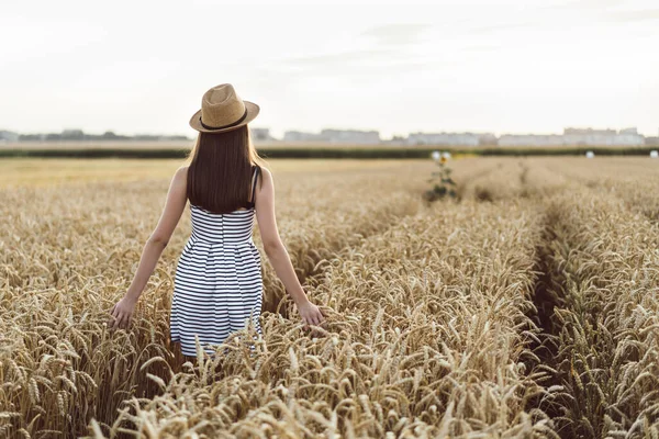 日落时分 穿着浅色衣服 头戴帽子 站在麦田外面散步的漂亮黑发姑娘 — 图库照片
