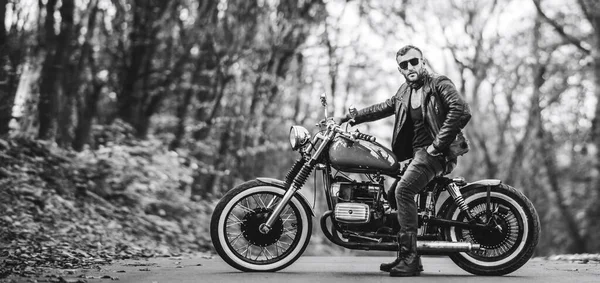 Bearded Brutal Man Sunglasses Leather Jacket Sitting Motorcycle Road Forest — Stock Photo, Image