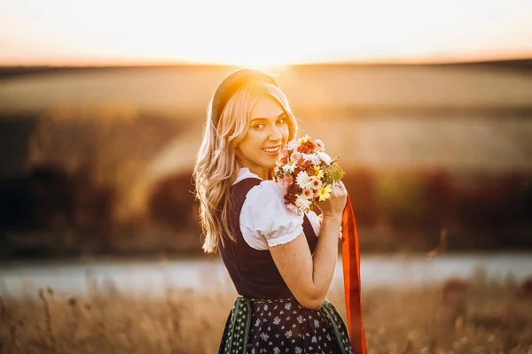 Close Girls Hands Dirndl Traditional Festival Dress Pouring Full Glass — Stock Photo, Image