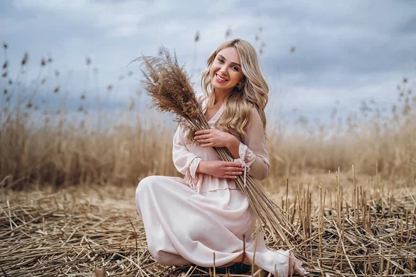 Photo Pretty Smiling Girl Long Blond Curly Hair Light Long — Stock Photo, Image