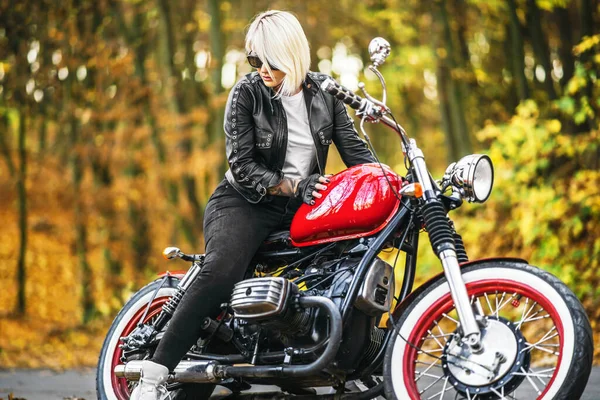 Pretty Blonde Biker Girl Sunglasses Red Motorcycle Road Forest Colorful — Stock Photo, Image