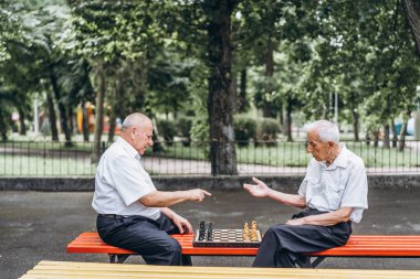 Parktaki bankta satranç oynayan iki yetişkin adam.