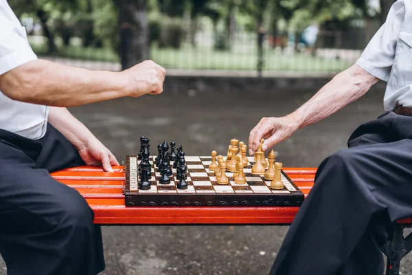 Two Senior Adult Men Playing Chess Bench Outdoors Park — Stock Photo, Image