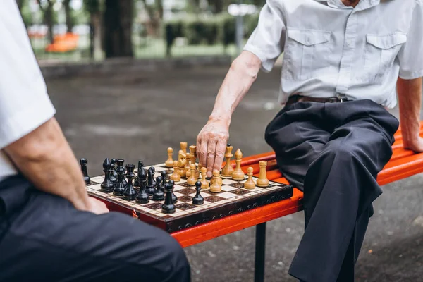 Dois Homens Adultos Que Jogam Xadrez Banco Livre Parque — Fotografia de Stock