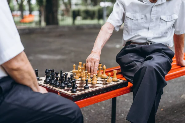 Two Senior Adult Men Playing Chess Bench Outdoors Park — Stock Photo, Image