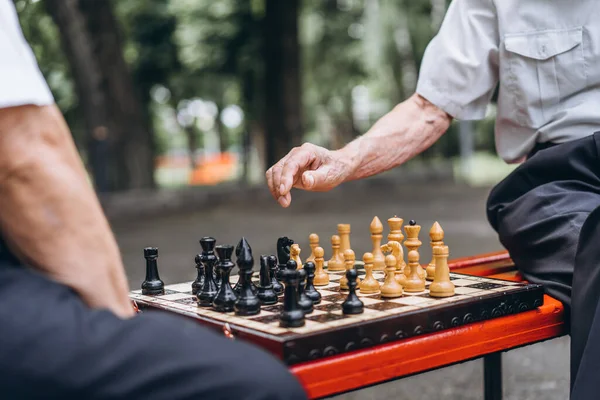 Two Senior Adult Men Playing Chess Bench Outdoors Park — Stock Photo, Image