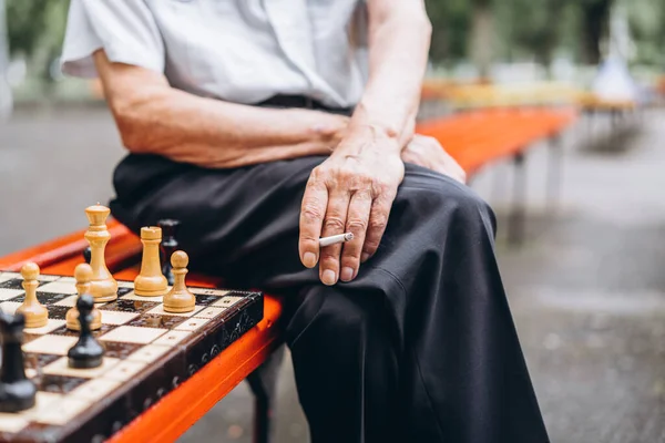 Two Senior Adult Men Playing Chess Bench Outdoors Park — Stock Photo, Image