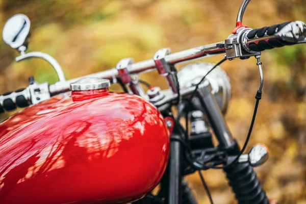 Moto Antiquado Costume Vermelho Estrada Floresta Com Fundo Embaçado Colorido — Fotografia de Stock