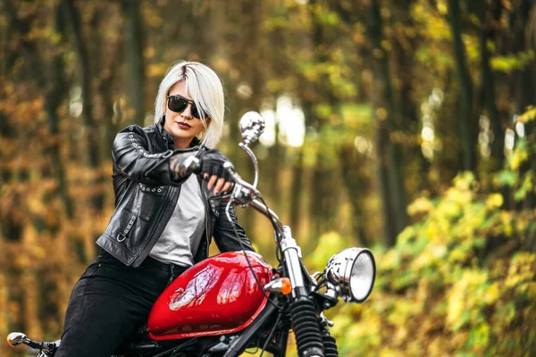 Pretty Blonde Biker Girl Sunglasses Red Motorcycle Road Forest Colorful — Stock Photo, Image