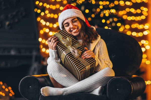 Christmas New Year Pretty Woman Warm Sweater Socks Christmas Hat — Stock Photo, Image