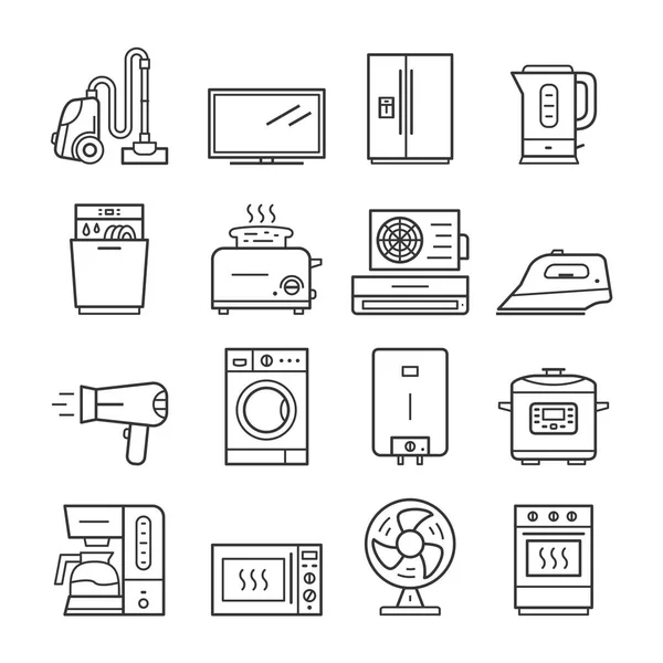 家用电器细线图标集 在白色背景上孤立的概略矢量符号和线性符号 — 图库矢量图片