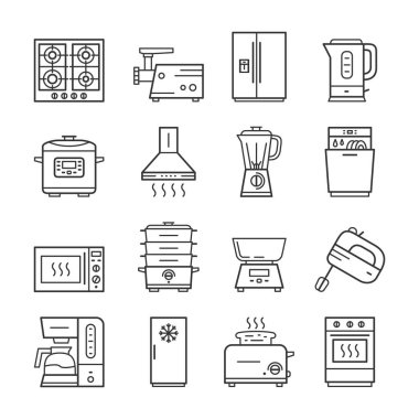Modern kitchen household domestic appliances thin line icon set clipart