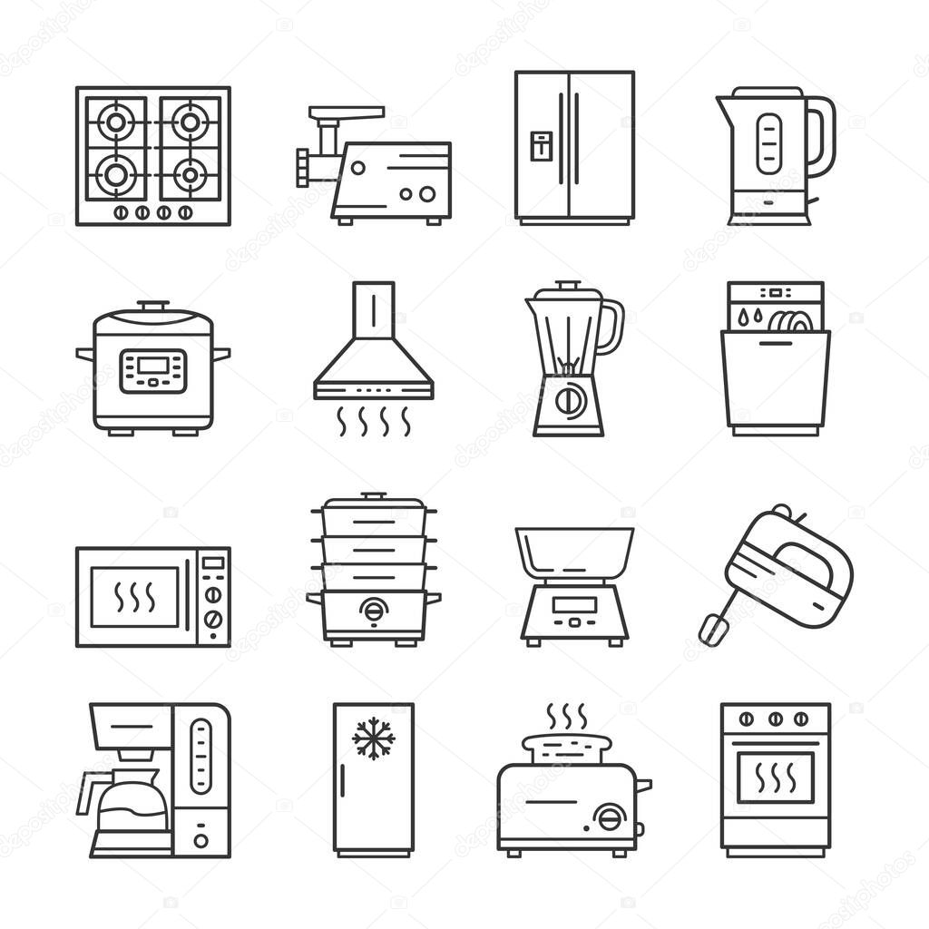 Modern kitchen household domestic appliances thin line icon set