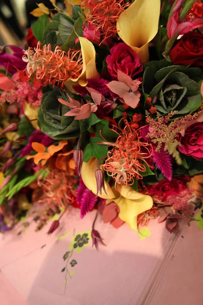 Original Bouquet Flowers Autumn Colors Pink Background — Stock Photo, Image