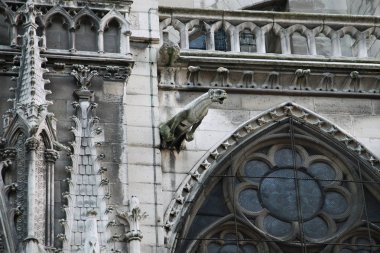 Heykeller ve Notre Dame Katedrali Notre Dame cephe mimarisi. Paris. 01.10.2011