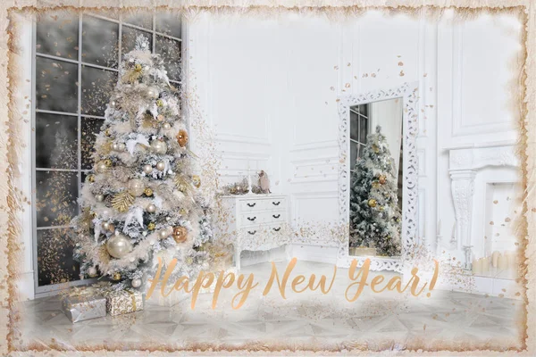 "Buon anno nuovo! , "Biglietto natalizio con albero di Natale, specchio — Foto Stock