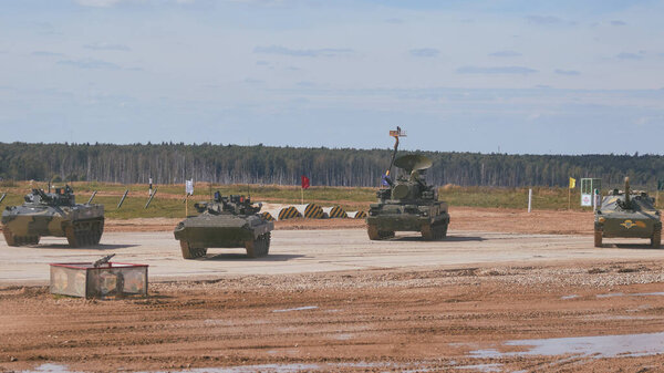 Modern tank at the tank biathlon competition in Alabino near Moscow during the Army-2020 forum