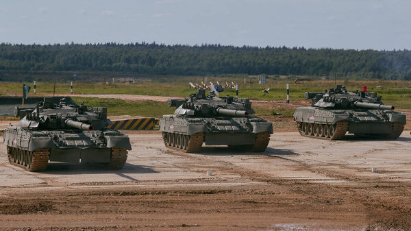 Modern tank at the tank biathlon competition in Alabino near Moscow during the Army-2020 forum