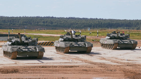 Modern tank at the tank biathlon competition in Alabino near Moscow during the Army-2020 forum