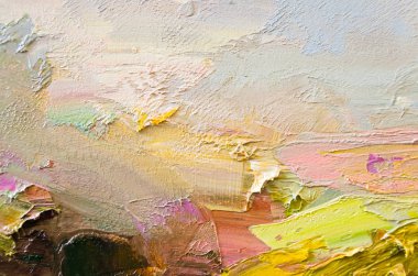 Soyut sanat geçmişi. Çok renkli parlak bir doku. Çağdaş sanat. Tuval üzerine yağlı boya boya. Sanat eserinin bir parçası. Yağlı boya lekeleri. Fırça darbeleri. Modern sanat.