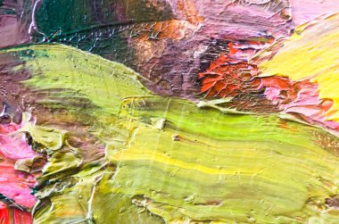 Soyut sanat geçmişi. Çok renkli parlak bir doku. Çağdaş sanat. Tuval üzerine yağlı boya boya. Sanat eserinin bir parçası. Yağlı boya lekeleri. Fırça darbeleri. Modern sanat.